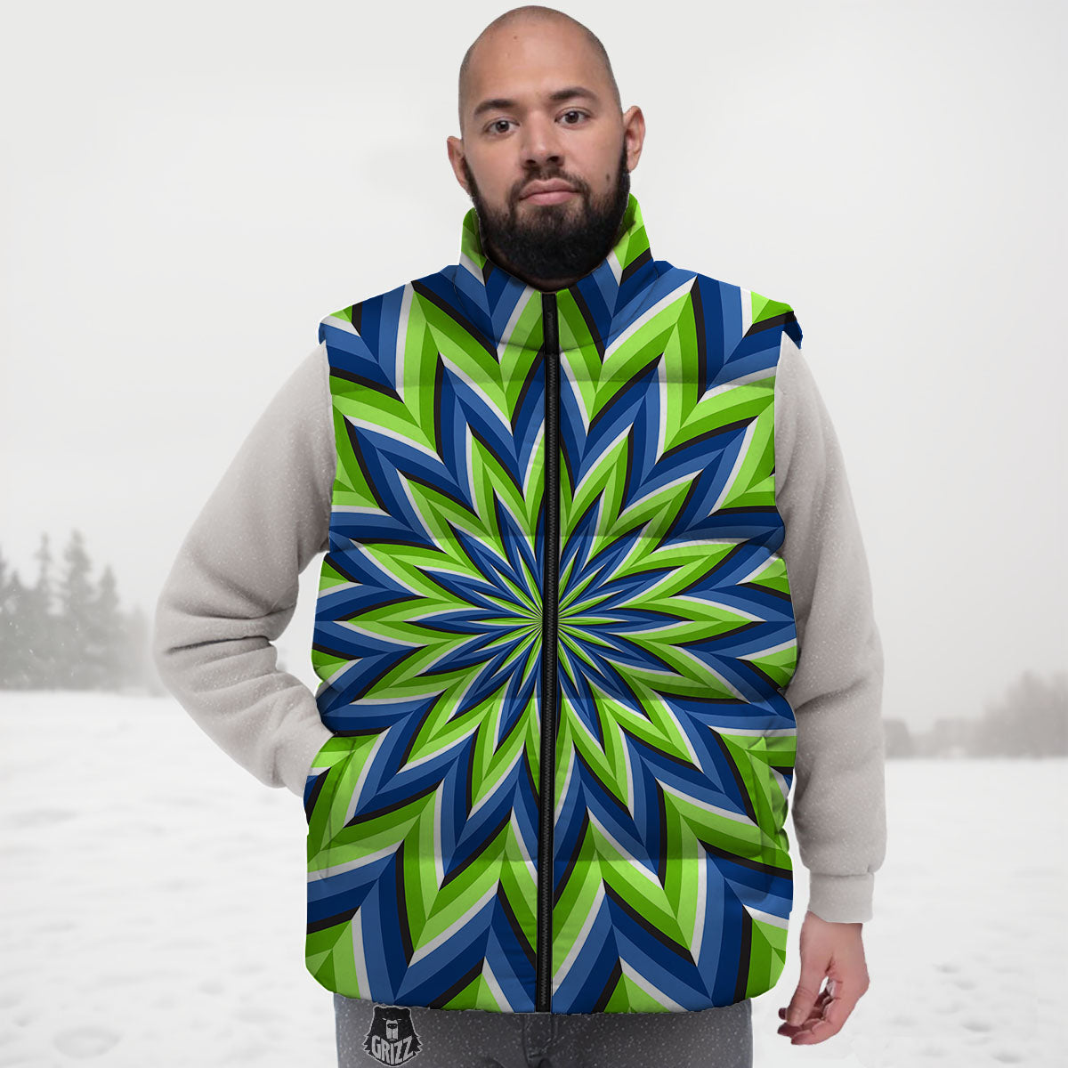 Moving Illusion Optical Green Flower Down Vest-grizzshop
