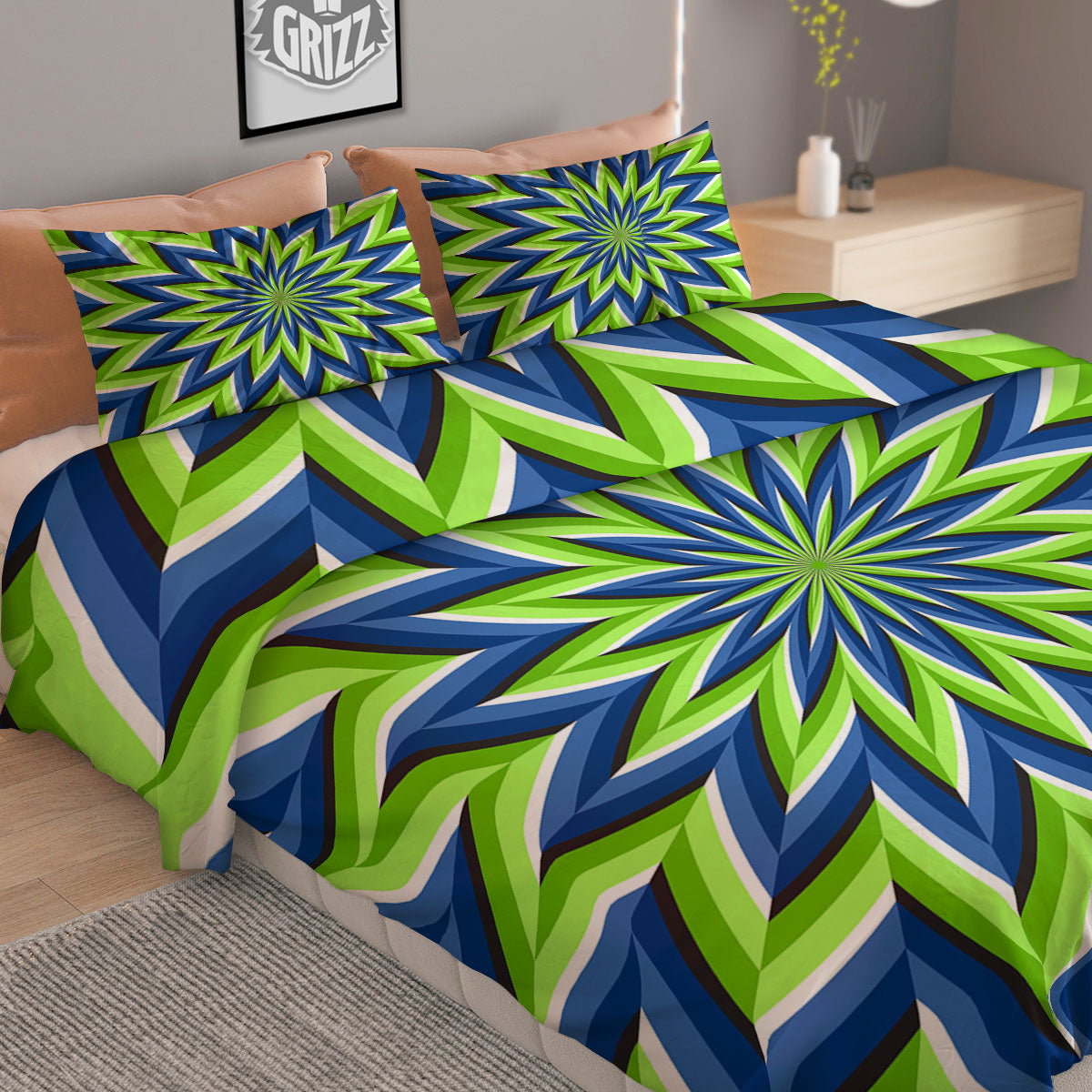 Moving Illusion Optical Green Flower Duvet Cover Bedding Set-grizzshop
