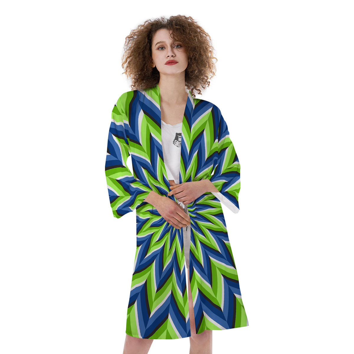 Moving Illusion Optical Green Flower Kimono-grizzshop