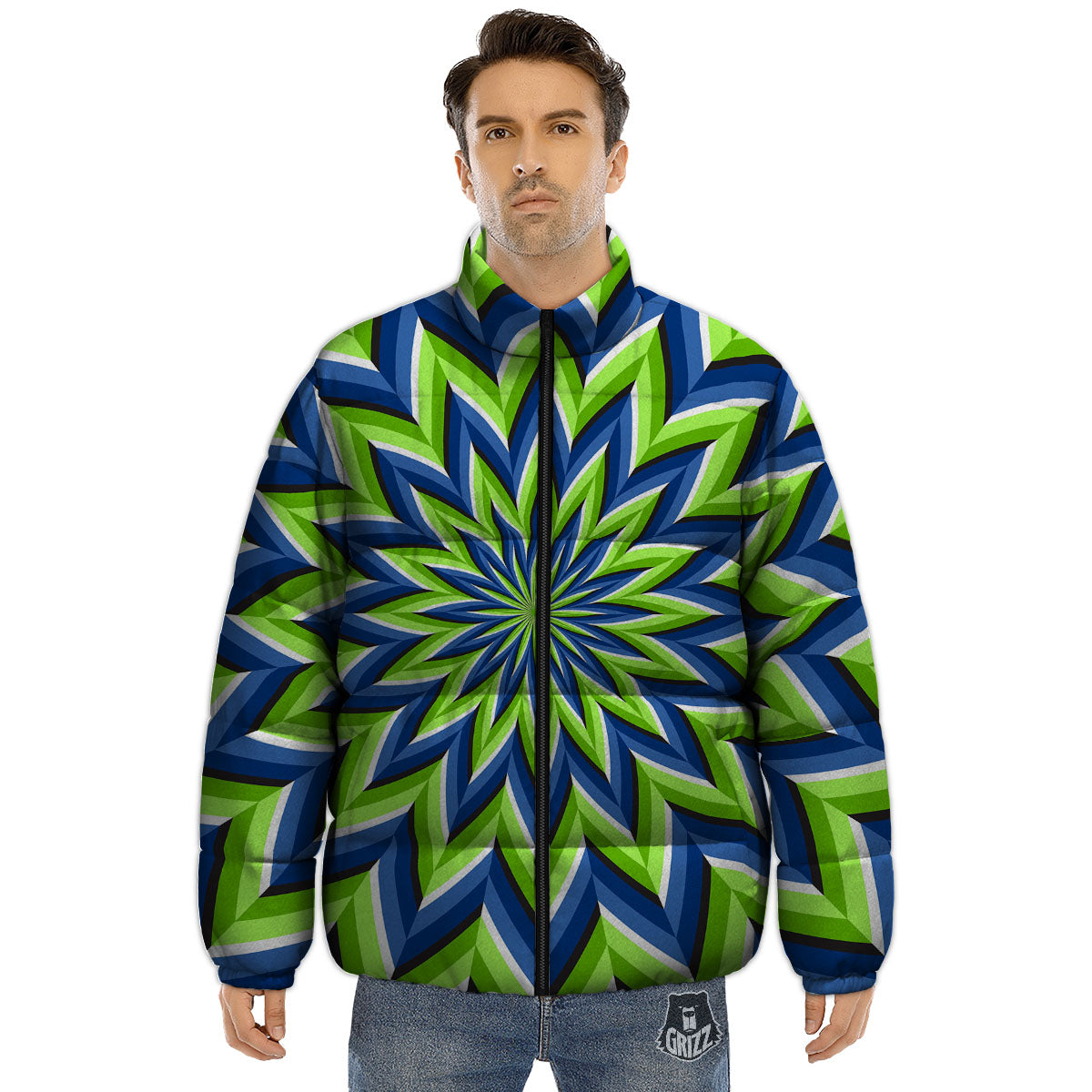 Moving Illusion Optical Green Flower Puffer Jacket-grizzshop