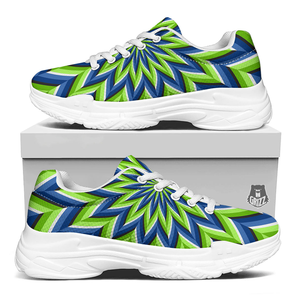 Moving Illusion Optical Green Flower White Chunky Shoes-grizzshop