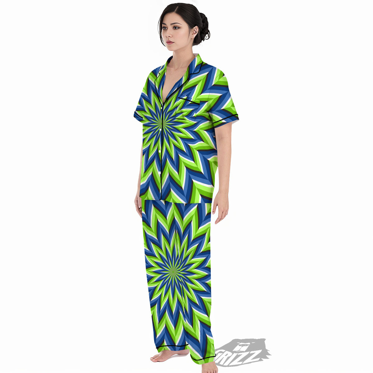 Moving Illusion Optical Green Flower Women's Pajamas Set-grizzshop