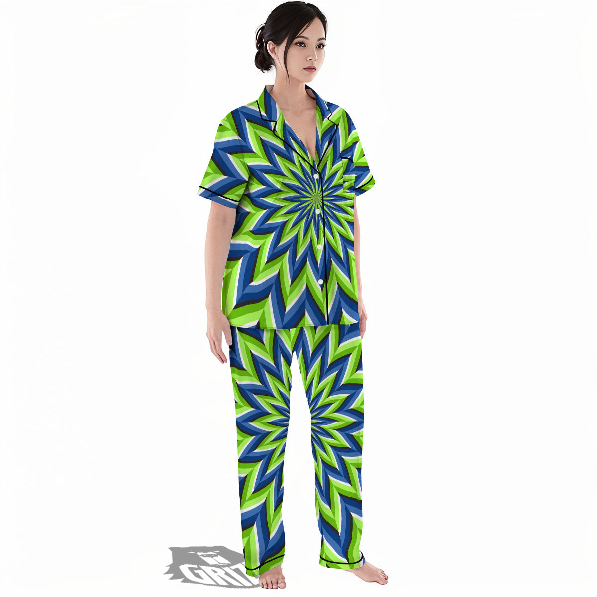 Moving Illusion Optical Green Flower Women's Pajamas Set-grizzshop