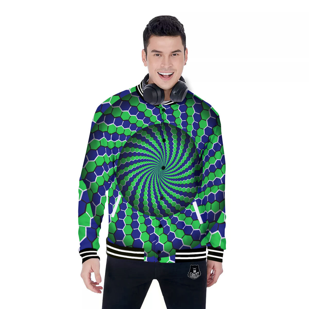 Moving Illusion Optical Green Hive Baseball Jacket-grizzshop