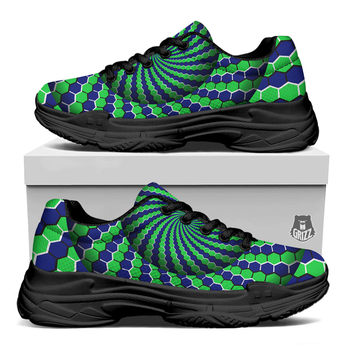 Moving Illusion Optical Green Hive Black Chunky Shoes-grizzshop