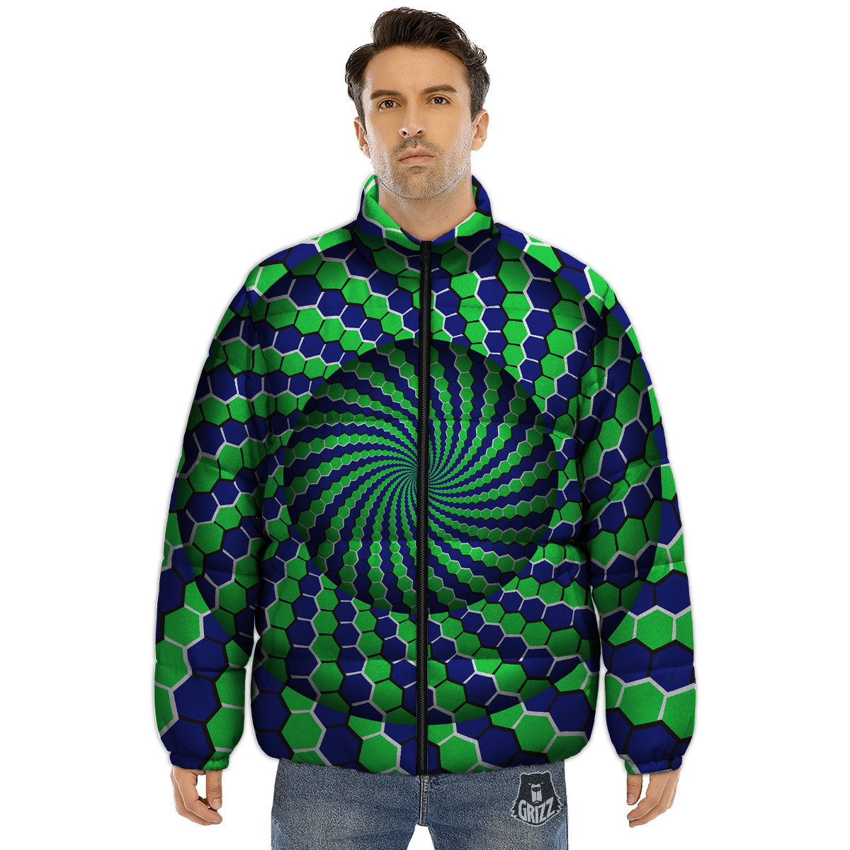 Moving Illusion Optical Green Hive Puffer Jacket-grizzshop