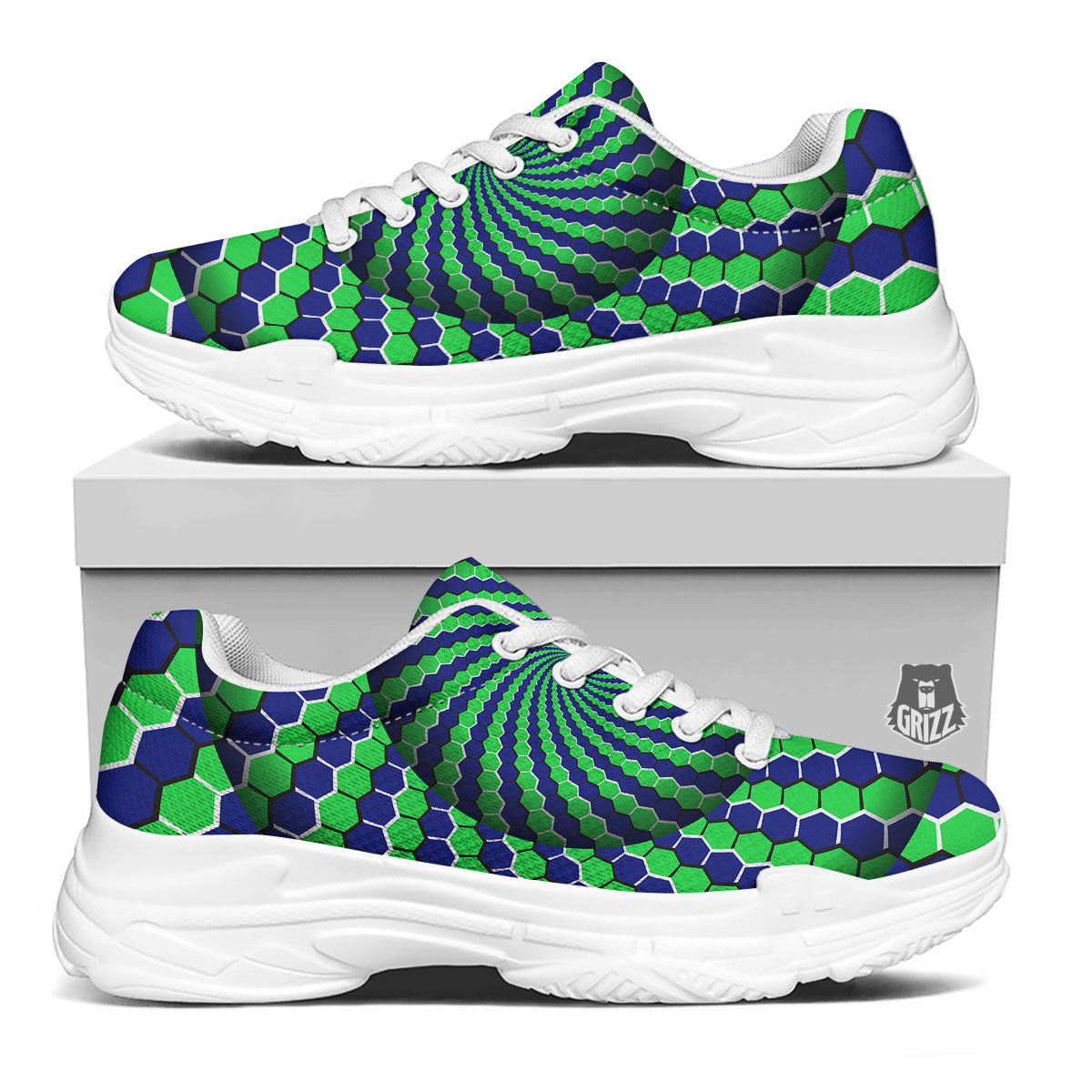 Moving Illusion Optical Green Hive White Chunky Shoes-grizzshop