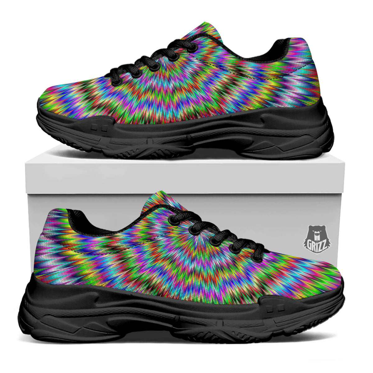 Moving Optical Illusion Abstract Dizzy Black Chunky Shoes-grizzshop