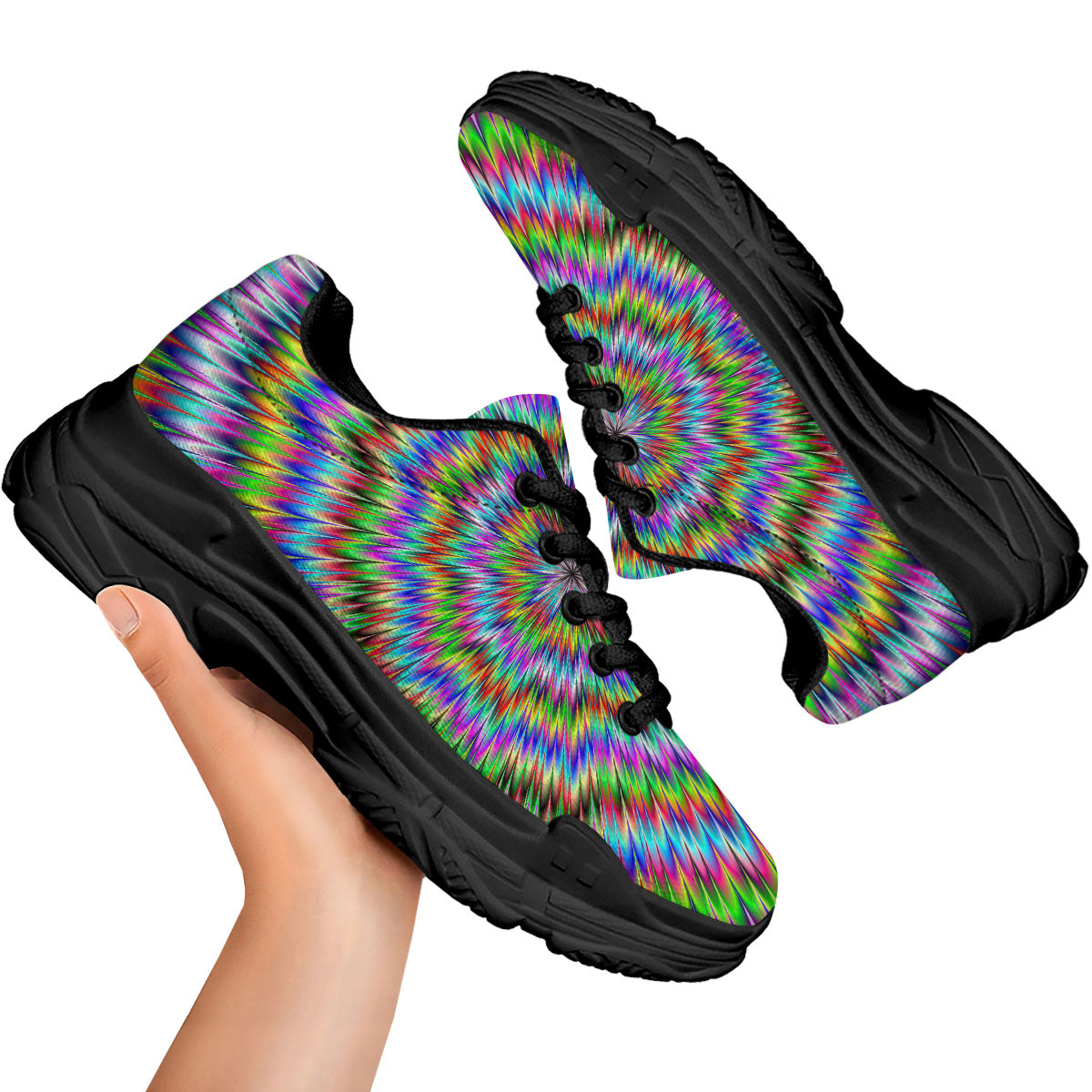 Moving Optical Illusion Abstract Dizzy Black Chunky Shoes-grizzshop