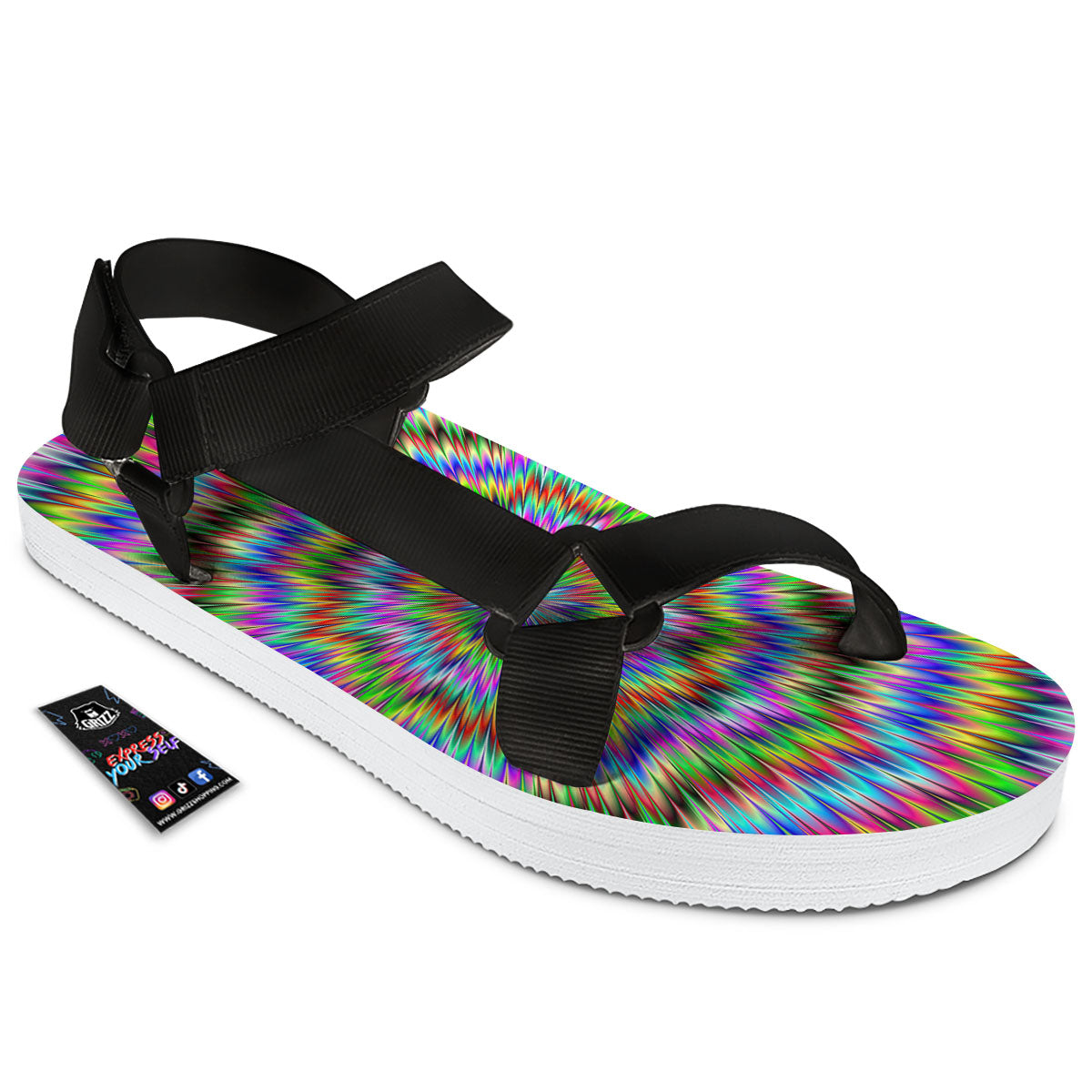 Moving Optical Illusion Abstract Dizzy Black Open Toe Sandals-grizzshop