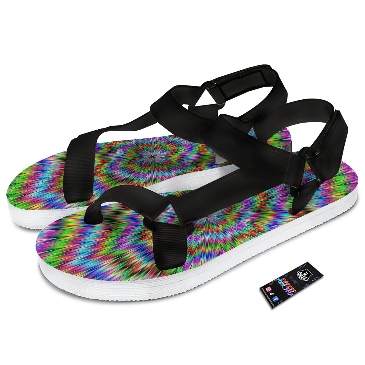 Moving Optical Illusion Abstract Dizzy Black Open Toe Sandals-grizzshop