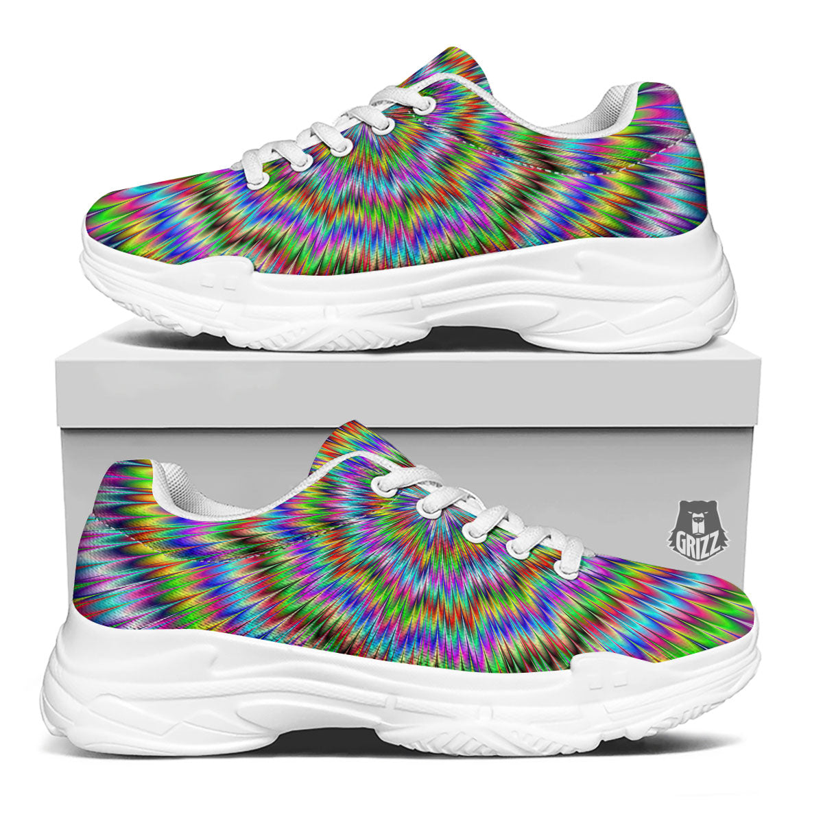 Moving Optical Illusion Abstract Dizzy White Chunky Shoes-grizzshop
