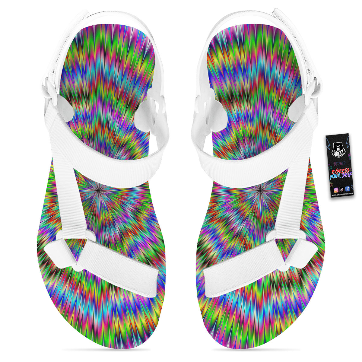 Moving Optical Illusion Abstract Dizzy White Open Toe Sandals-grizzshop