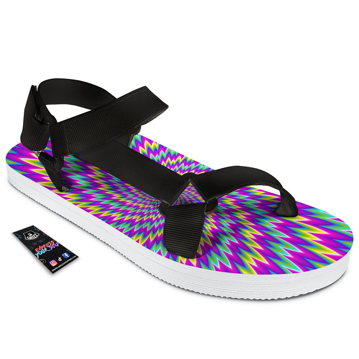 Moving Optical Illusion Abstract Spiral Black Open Toe Sandals-grizzshop