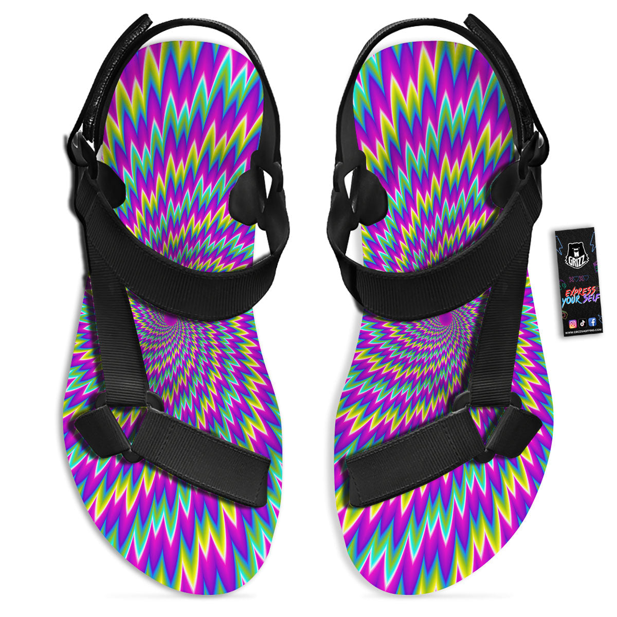 Moving Optical Illusion Abstract Spiral Black Open Toe Sandals-grizzshop