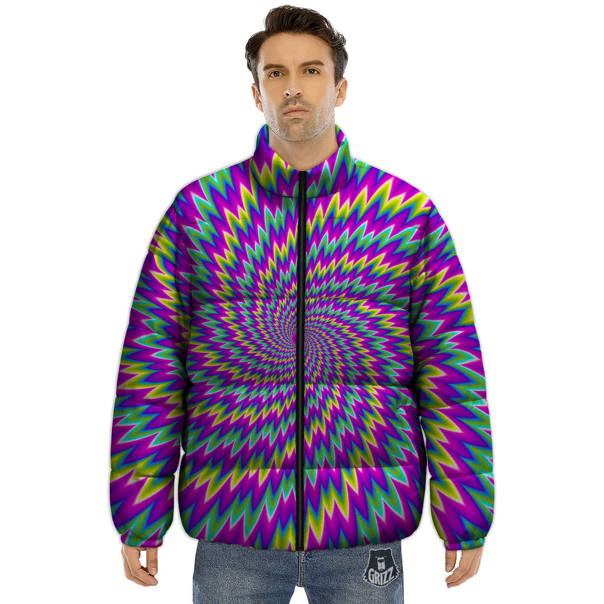 Moving Optical Illusion Abstract Spiral Puffer Jacket-grizzshop