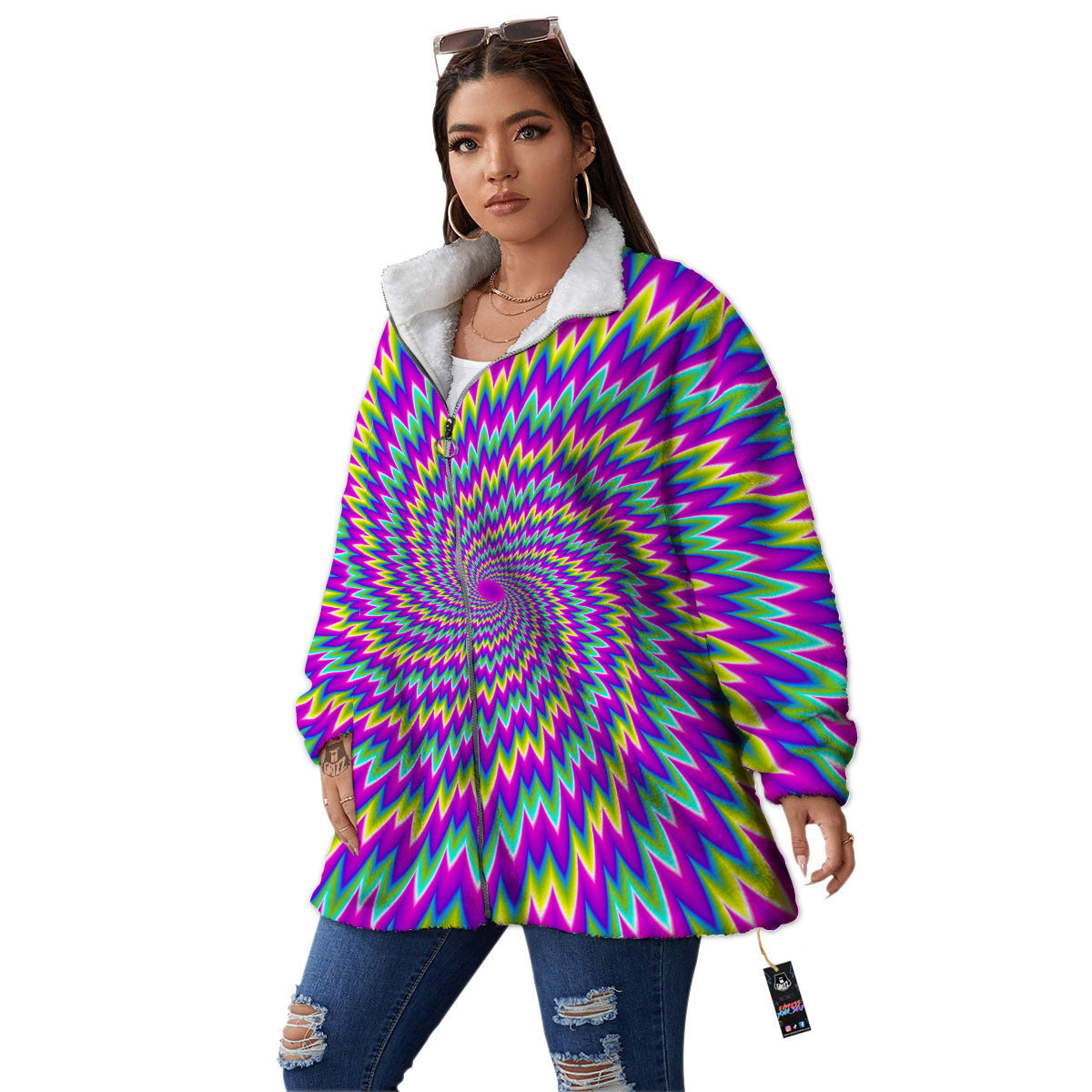 Moving Optical Illusion Abstract Spiral Women's Sherpa Jacket-grizzshop