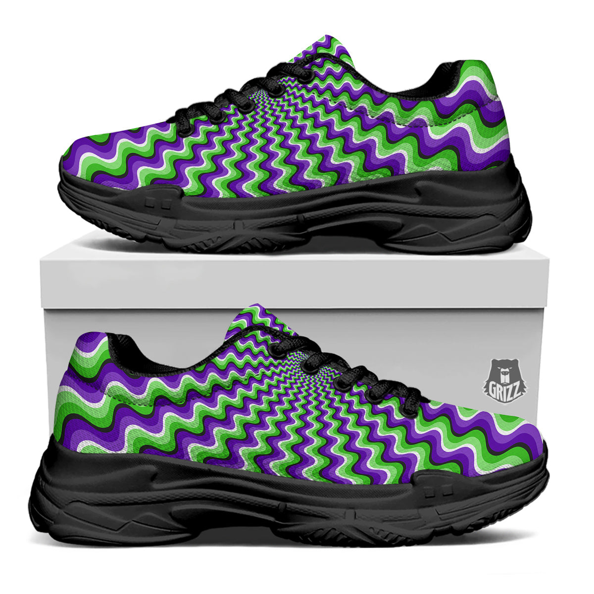 Moving Optical Illusion Colorful Dizzy Black Chunky Shoes-grizzshop