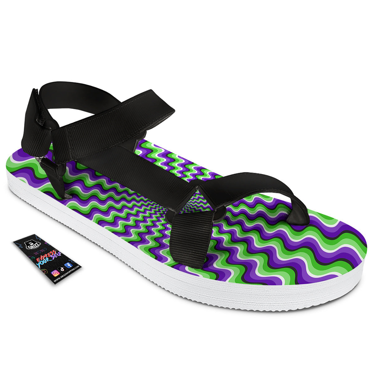 Moving Optical Illusion Colorful Dizzy Black Open Toe Sandals-grizzshop