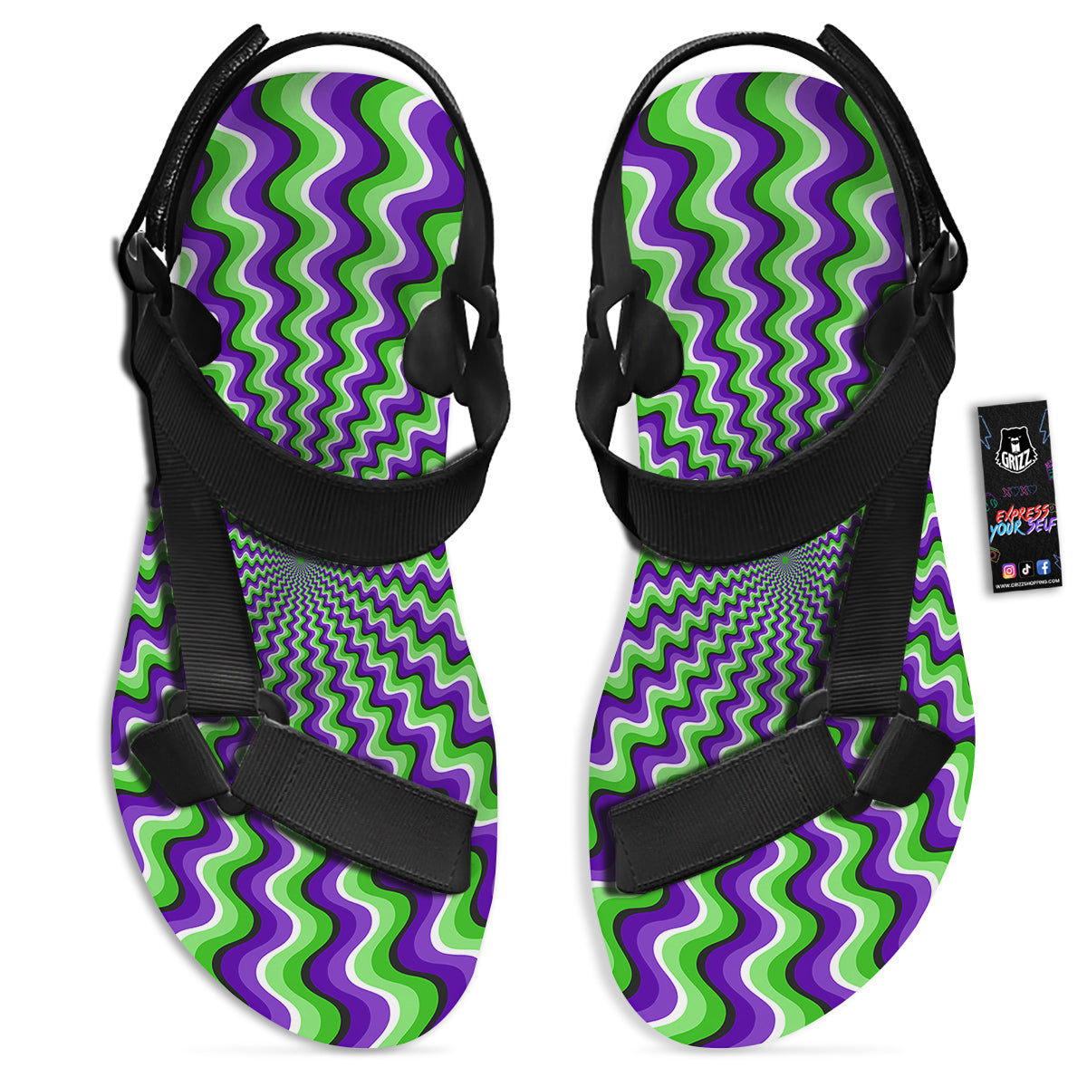 Moving Optical Illusion Colorful Dizzy Black Open Toe Sandals-grizzshop