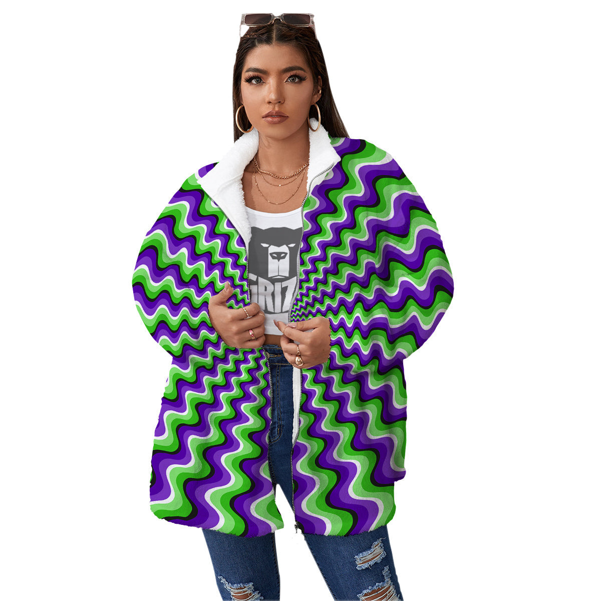 Moving Optical Illusion Colorful Dizzy Women's Sherpa Jacket-grizzshop