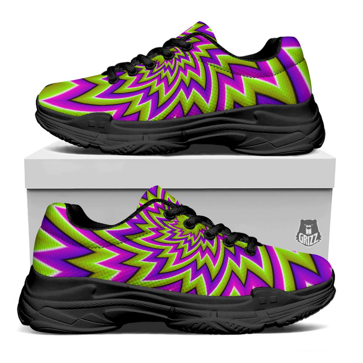 Moving Optical Illusion Green Big Bang Black Chunky Shoes-grizzshop