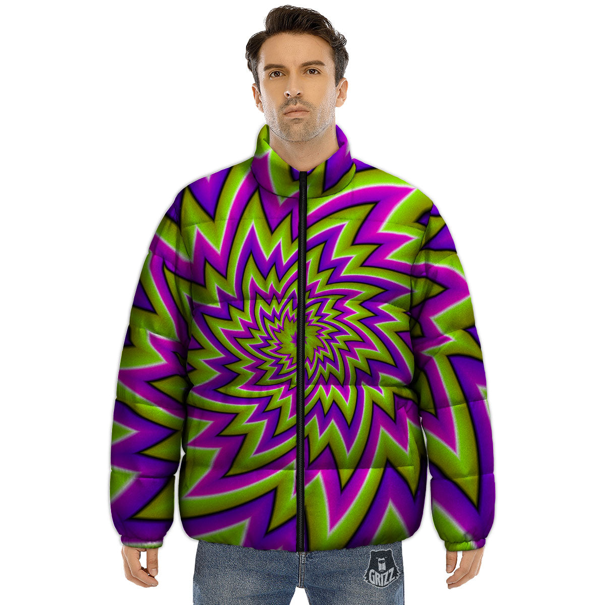 Moving Optical Illusion Green Big Bang Puffer Jacket-grizzshop