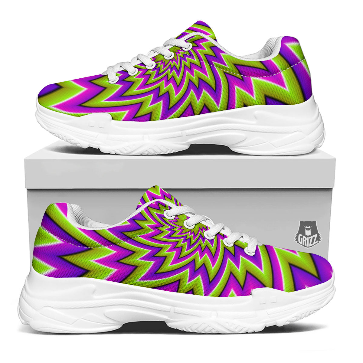 Moving Optical Illusion Green Big Bang White Chunky Shoes-grizzshop