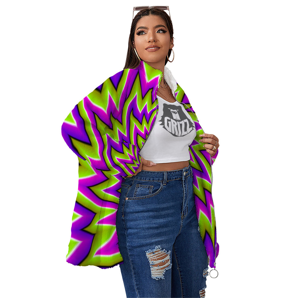 Moving Optical Illusion Green Big Bang Women's Sherpa Jacket-grizzshop