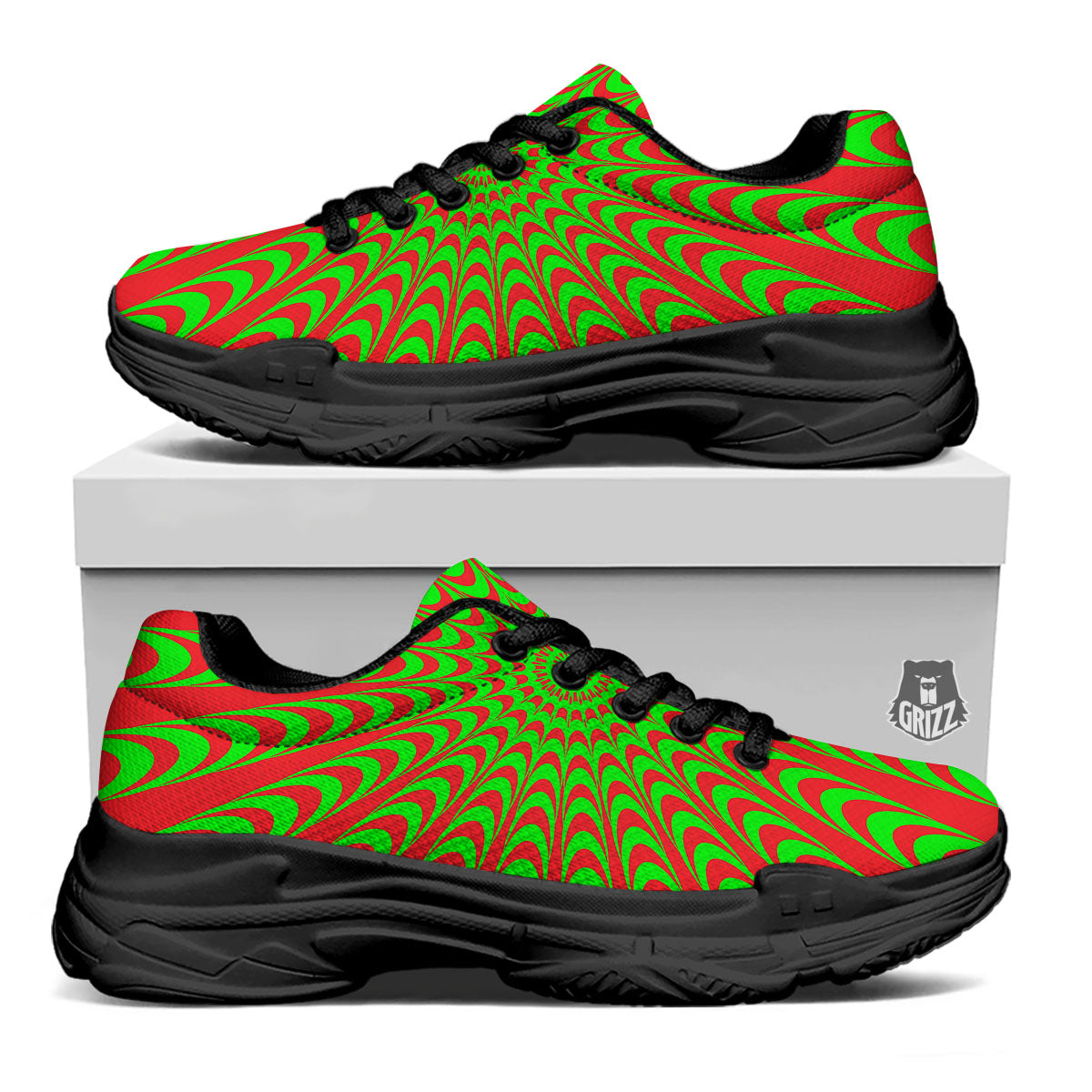 Moving Optical Illusion Green Red Wave Black Chunky Shoes-grizzshop