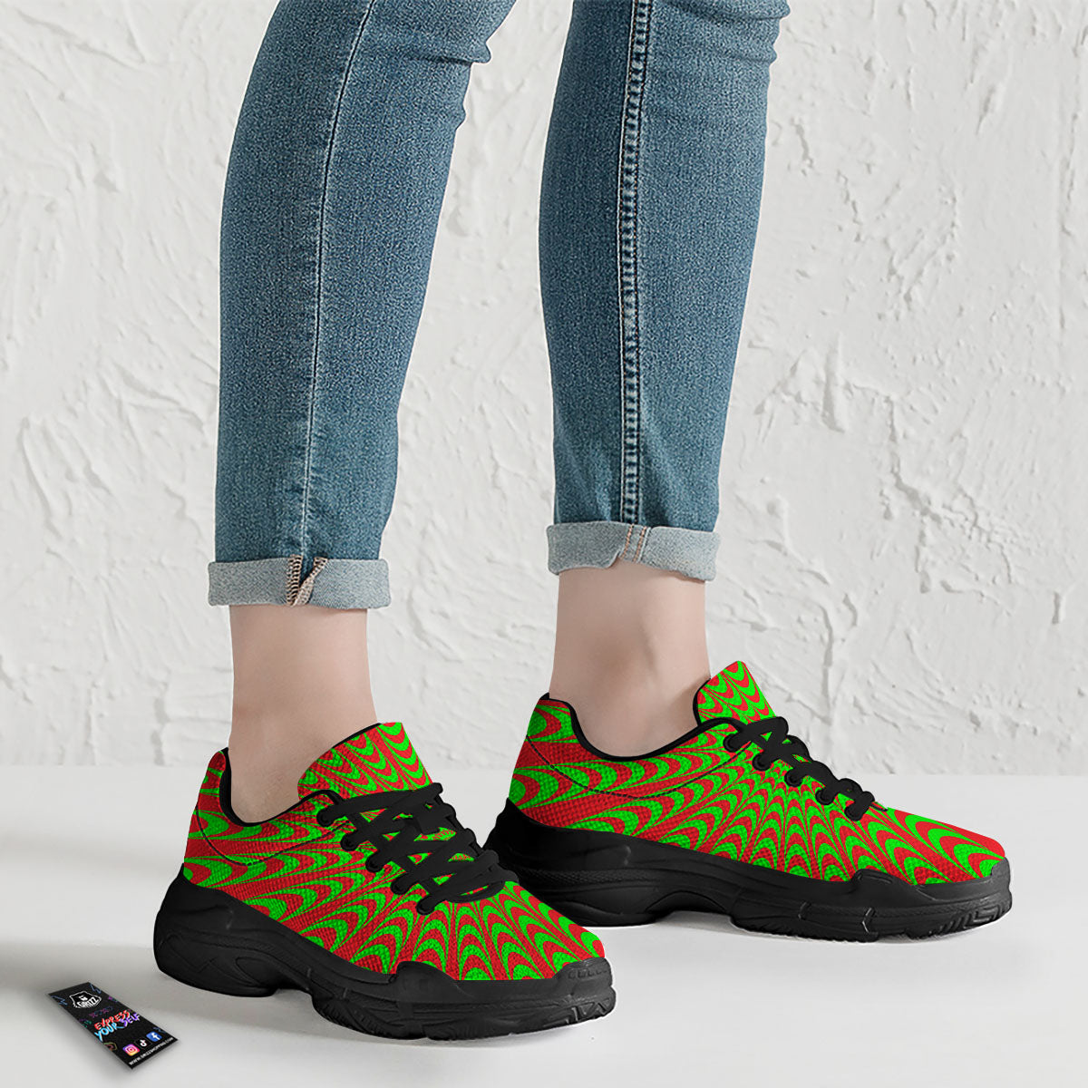 Moving Optical Illusion Green Red Wave Black Chunky Shoes-grizzshop