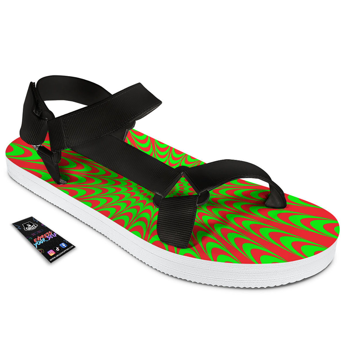 Moving Optical Illusion Green Red Wave Black Open Toe Sandals-grizzshop