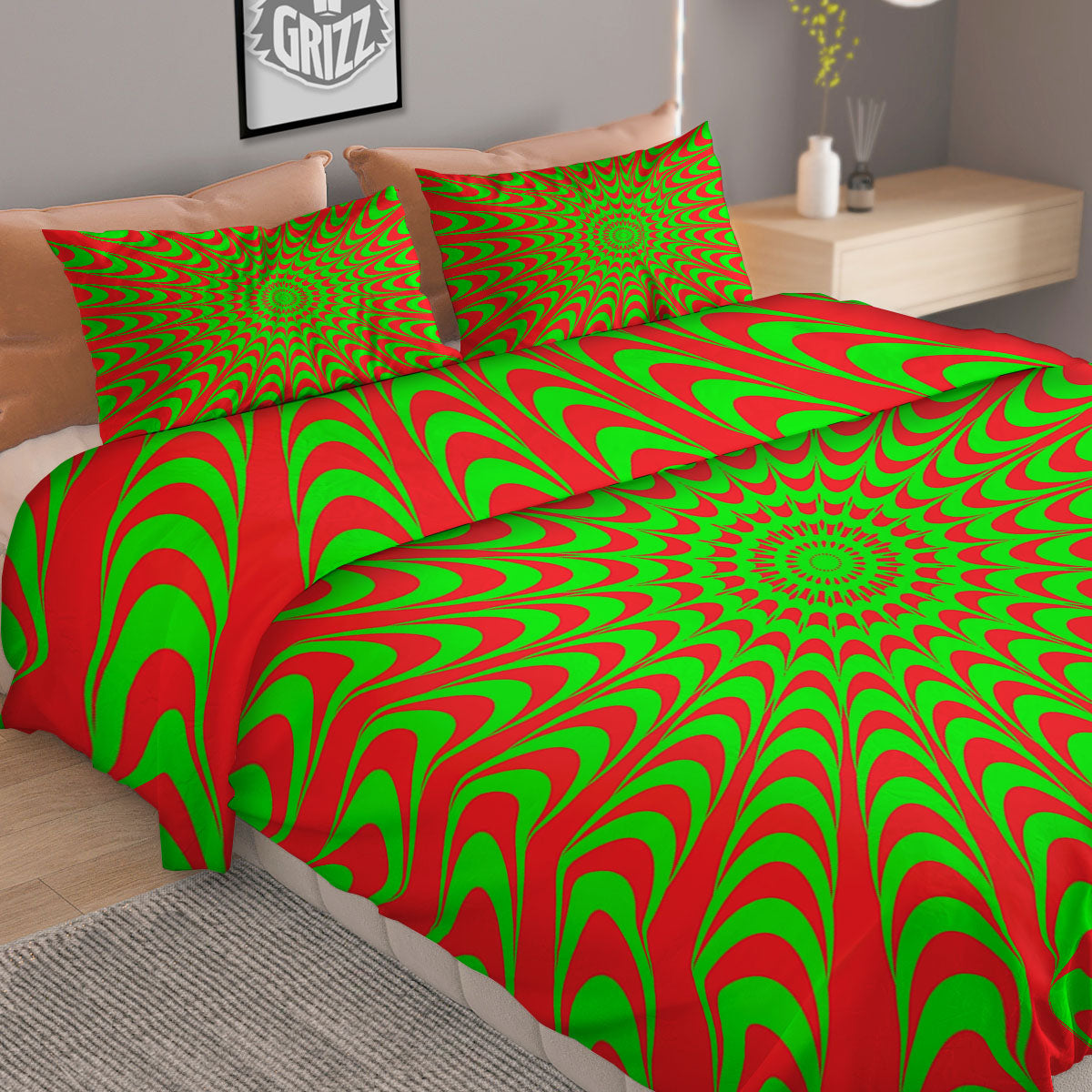 Moving Optical Illusion Green Red Wave Duvet Cover Bedding Set