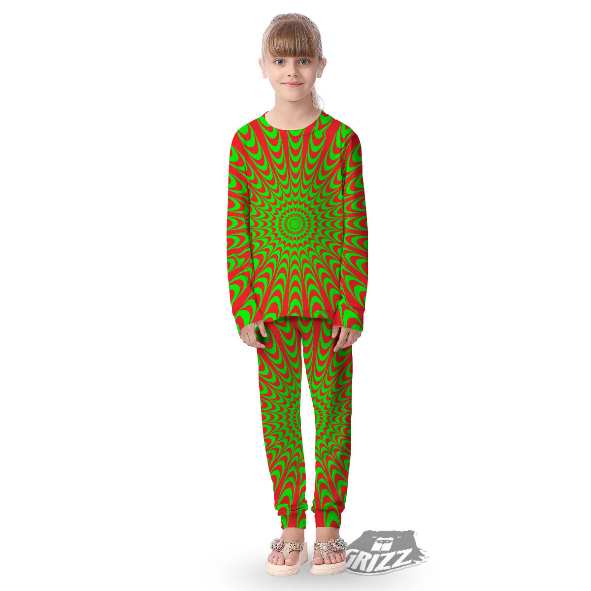 Moving Optical Illusion Green Red Wave Kid's Pajamas-grizzshop
