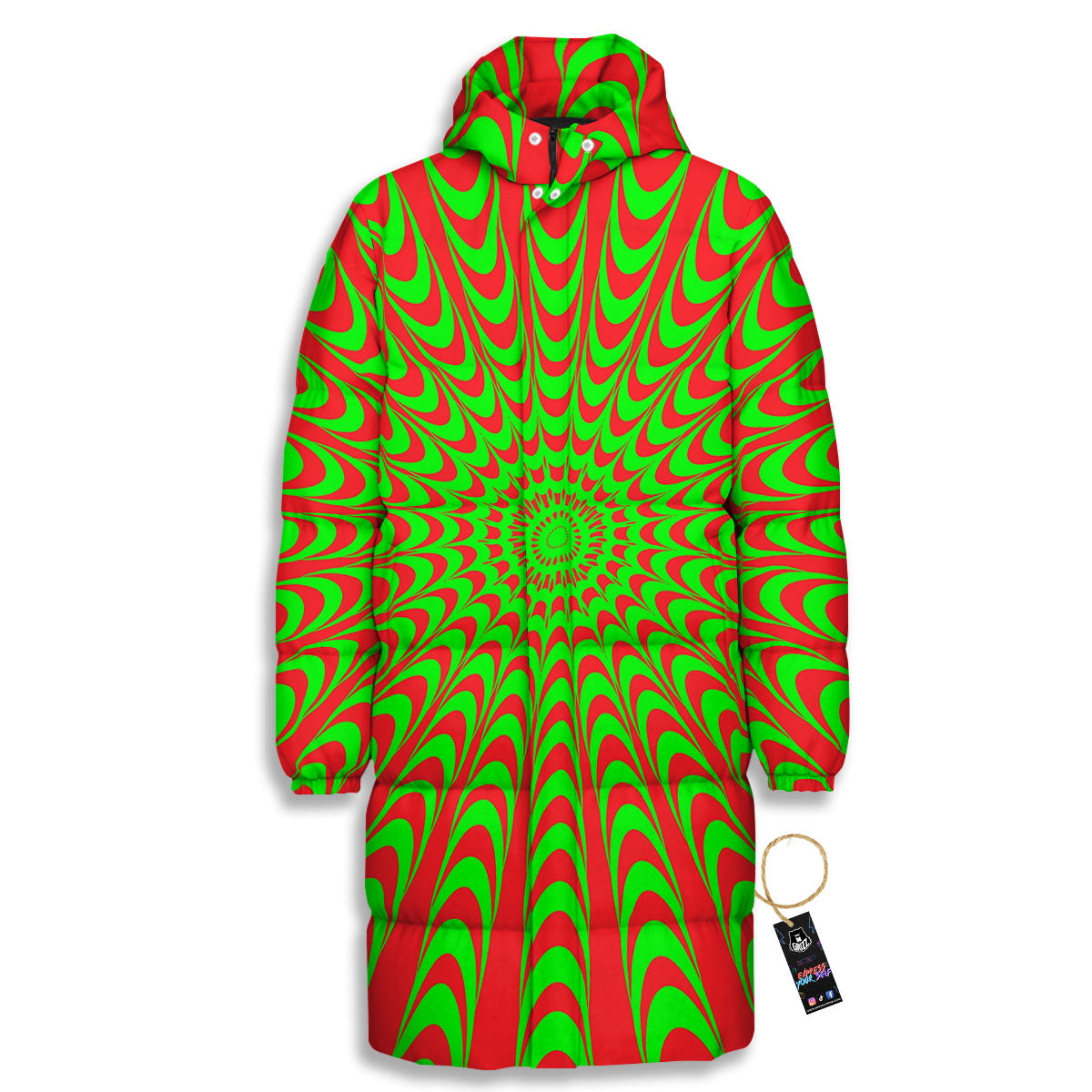 Moving Optical Illusion Green Red Wave Long Down Jacket-grizzshop