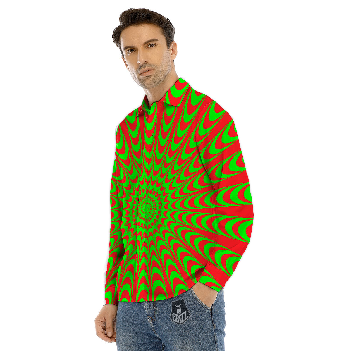 Moving Optical Illusion Green Red Wave Men's Dress Shirts-grizzshop