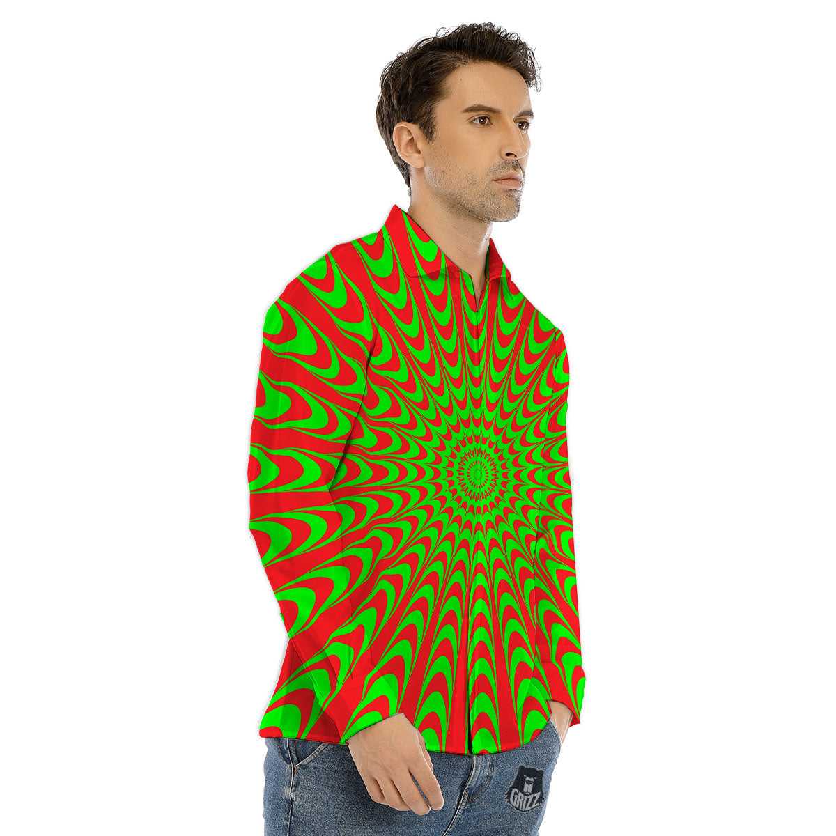 Moving Optical Illusion Green Red Wave Men's Dress Shirts-grizzshop