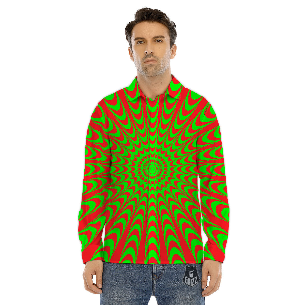 Moving Optical Illusion Green Red Wave Men's Dress Shirts-grizzshop