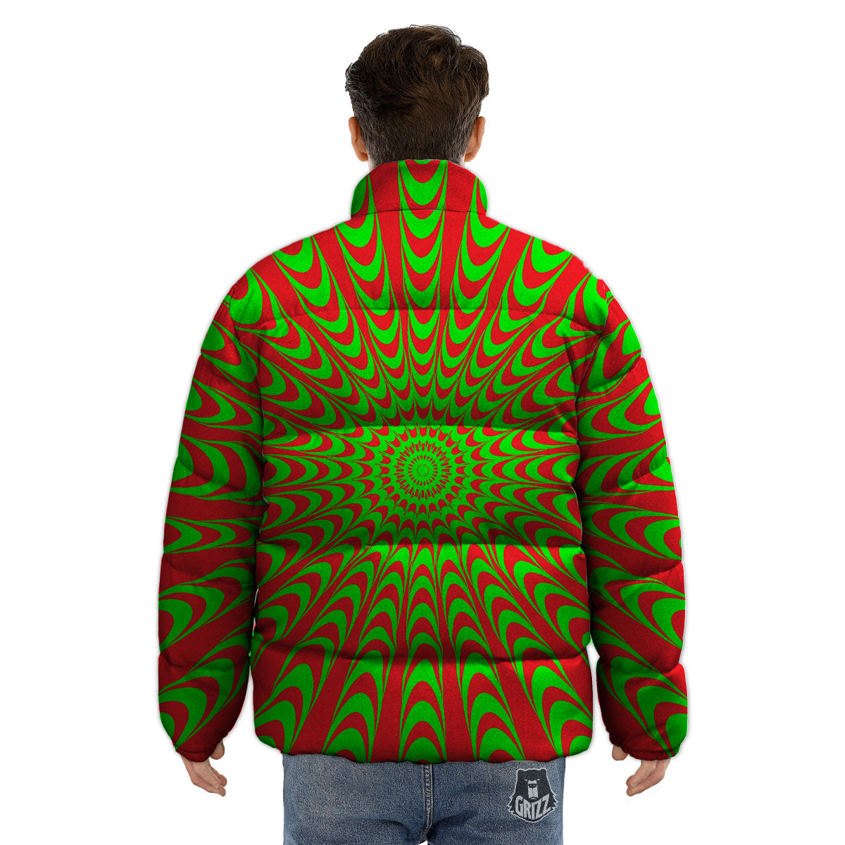 Moving Optical Illusion Green Red Wave Puffer Jacket-grizzshop
