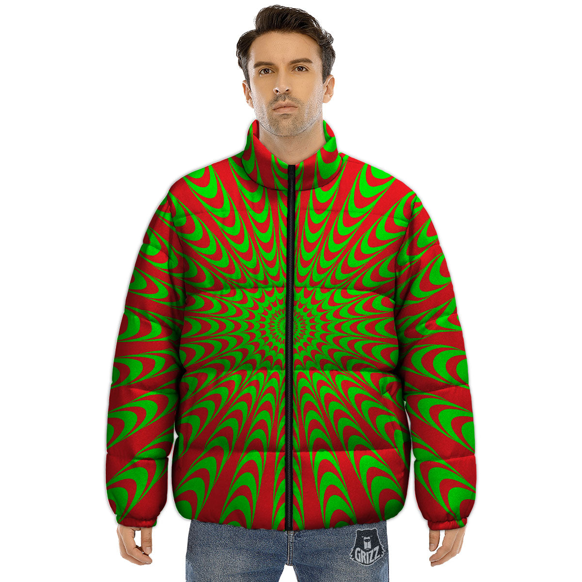 Moving Optical Illusion Green Red Wave Puffer Jacket-grizzshop