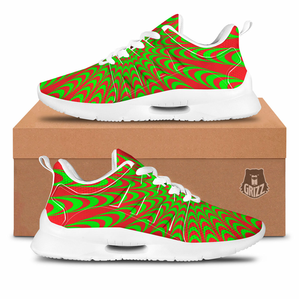 Moving Optical Illusion Green Red Wave Tennis Shoes-grizzshop
