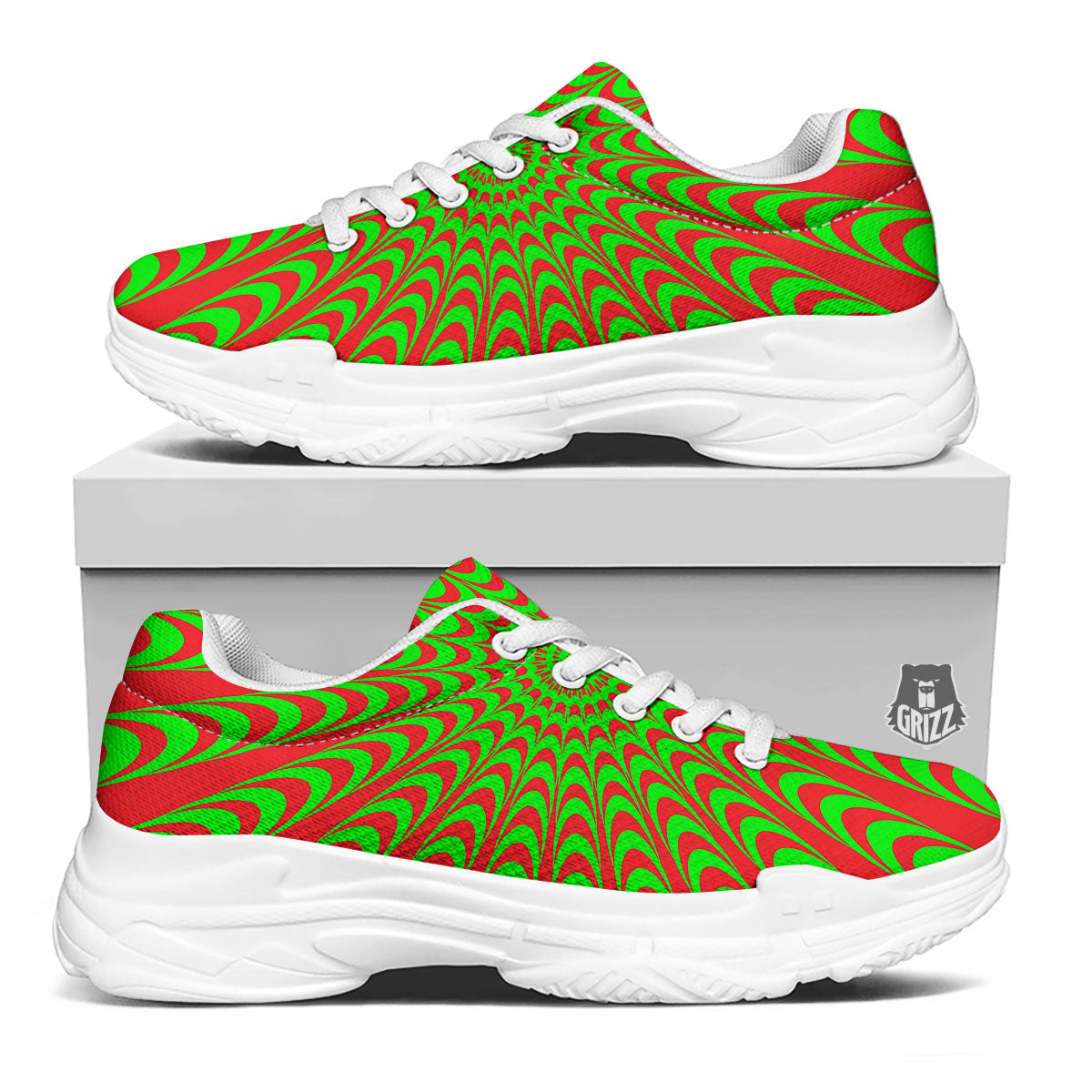 Moving Optical Illusion Green Red Wave White Chunky Shoes-grizzshop