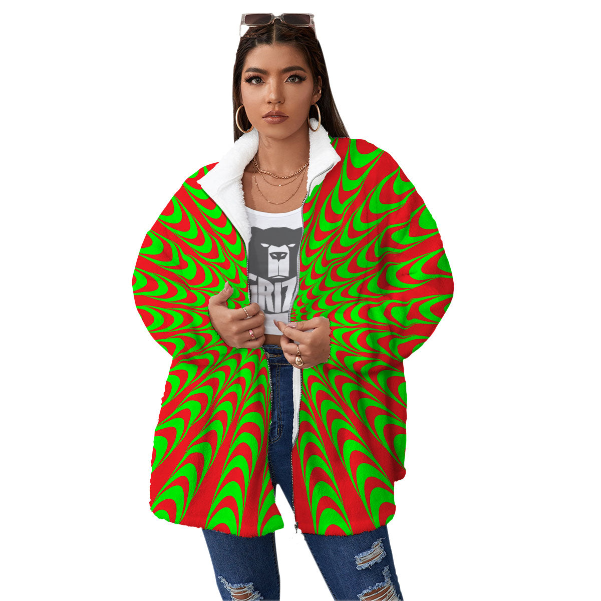Moving Optical Illusion Green Red Wave Women's Sherpa Jacket-grizzshop
