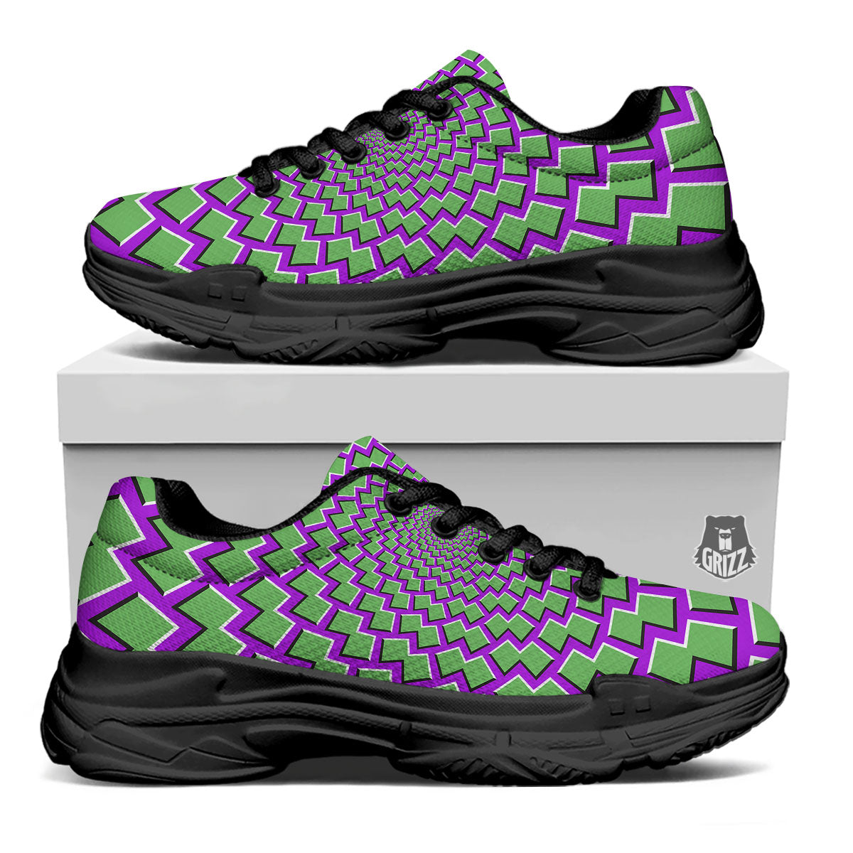 Moving Optical Illusion Green Shapes Black Chunky Shoes-grizzshop