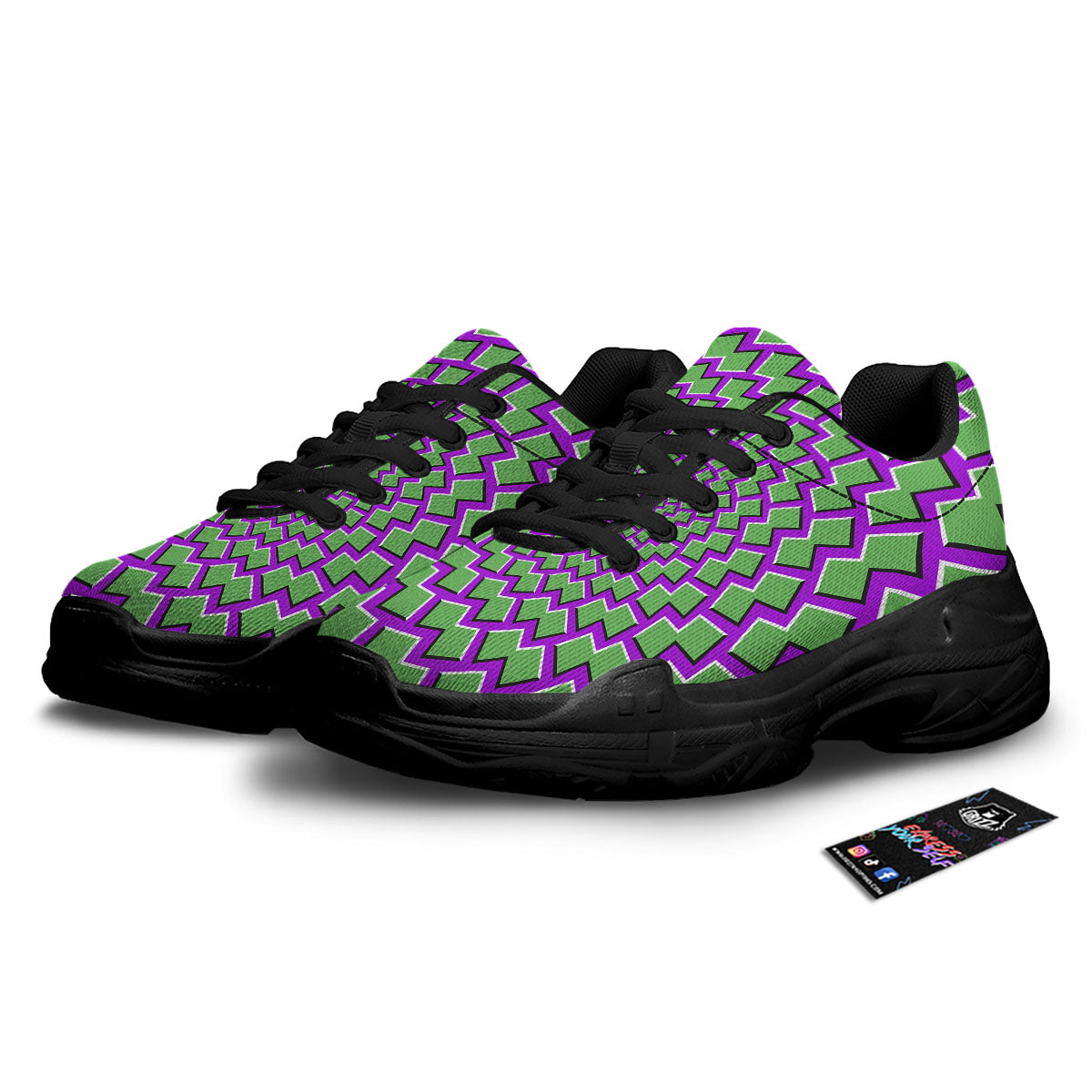 Moving Optical Illusion Green Shapes Black Chunky Shoes-grizzshop
