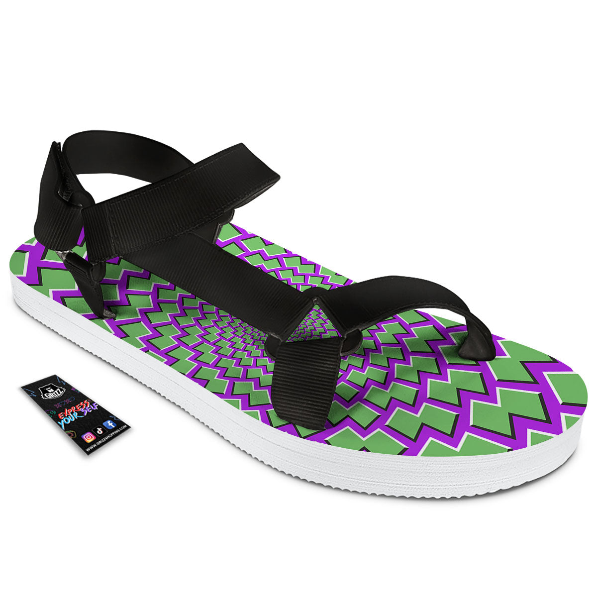Moving Optical Illusion Green Shapes Black Open Toe Sandals-grizzshop