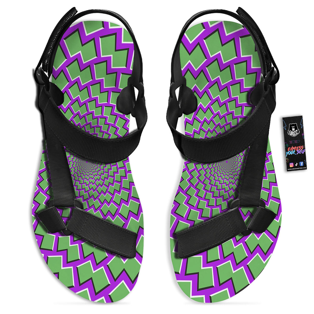 Moving Optical Illusion Green Shapes Black Open Toe Sandals-grizzshop