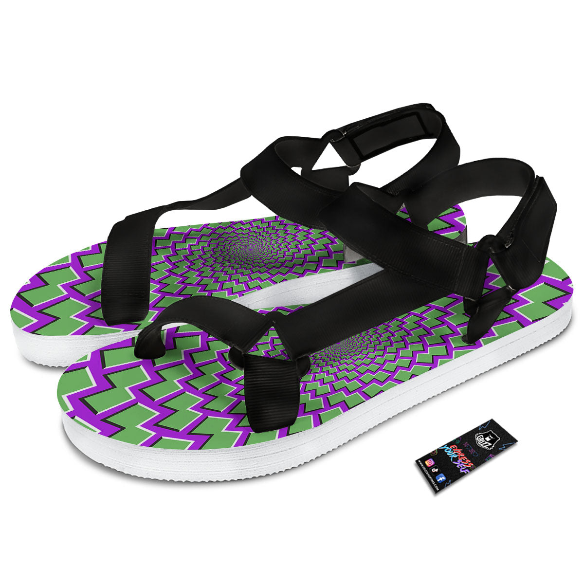 Moving Optical Illusion Green Shapes Black Open Toe Sandals-grizzshop