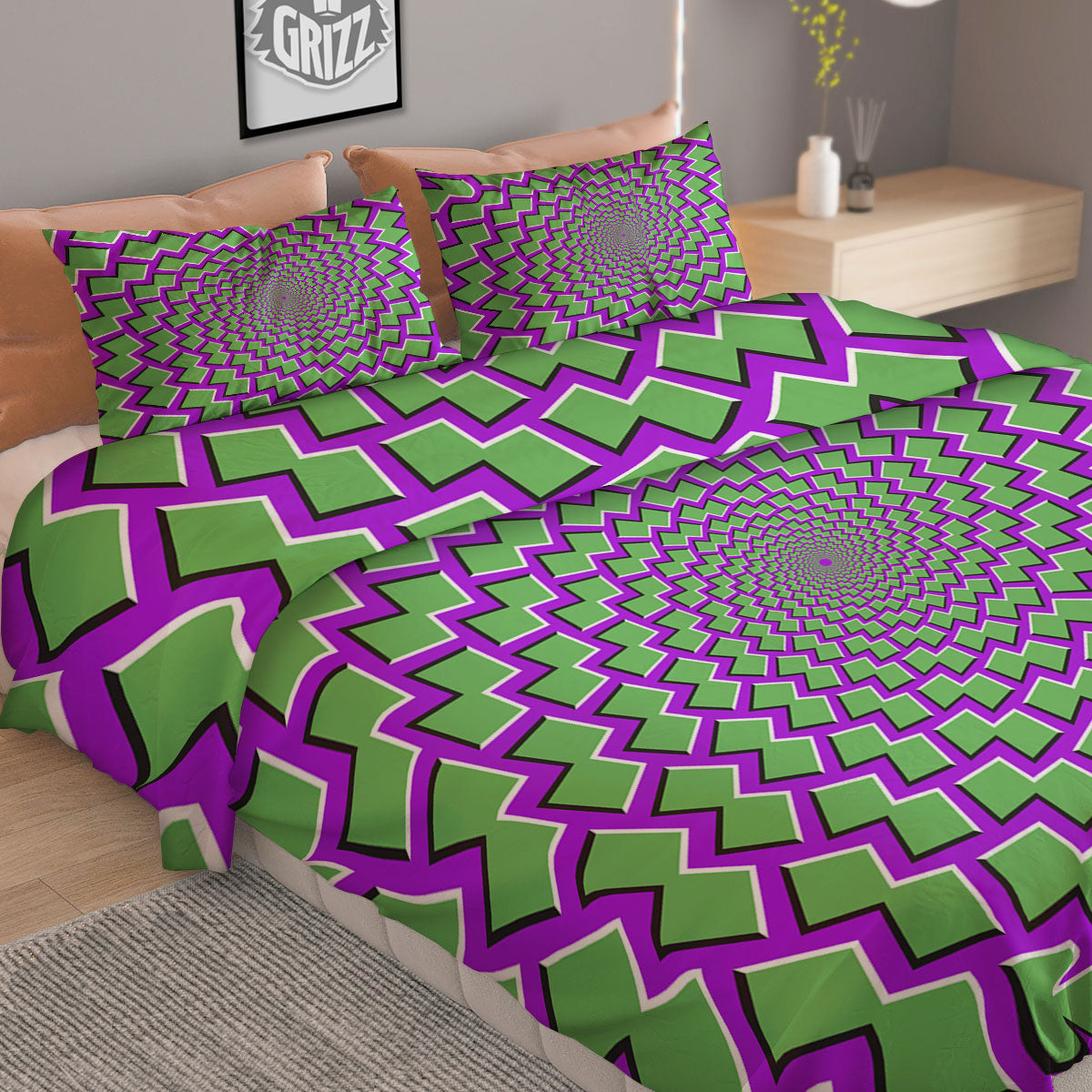 Moving Optical Illusion Green Shapes Duvet Cover Bedding Set