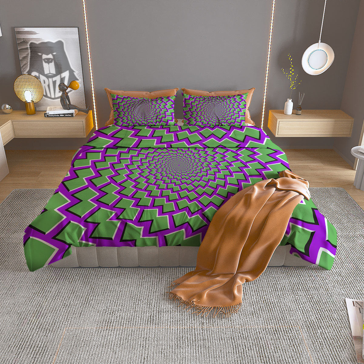 Moving Optical Illusion Green Shapes Duvet Cover Bedding Set